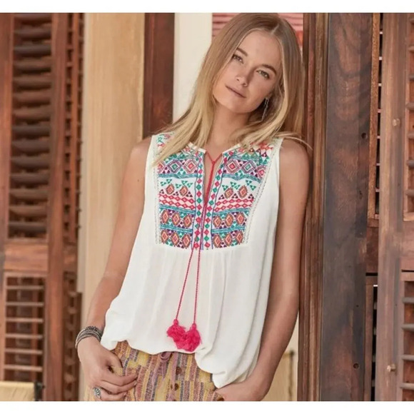 Sundance Journey Delight Embroidered Boho Top Sleeveless tassle White Small. - Picture 8 of 8